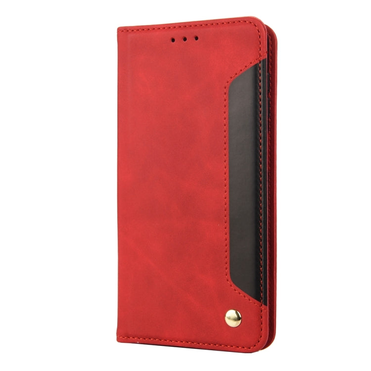 Red splicing leather phone case for Samsung Galaxy A05s, featuring a wallet design with card slot and stand functionality.